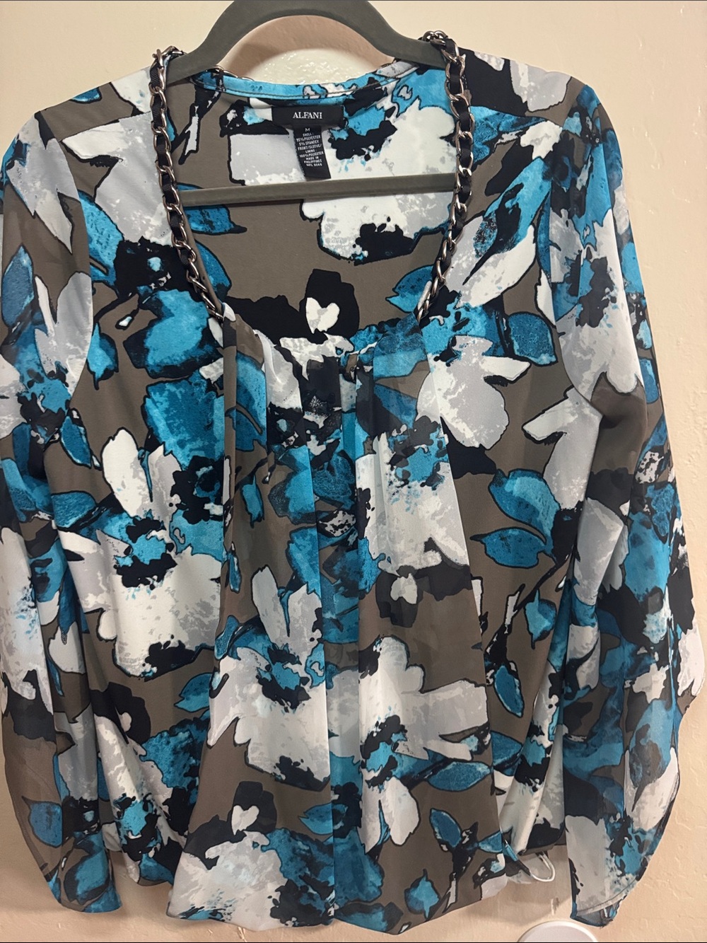 Alfani Teal Blue White Floral Long-Sleeve Blouse